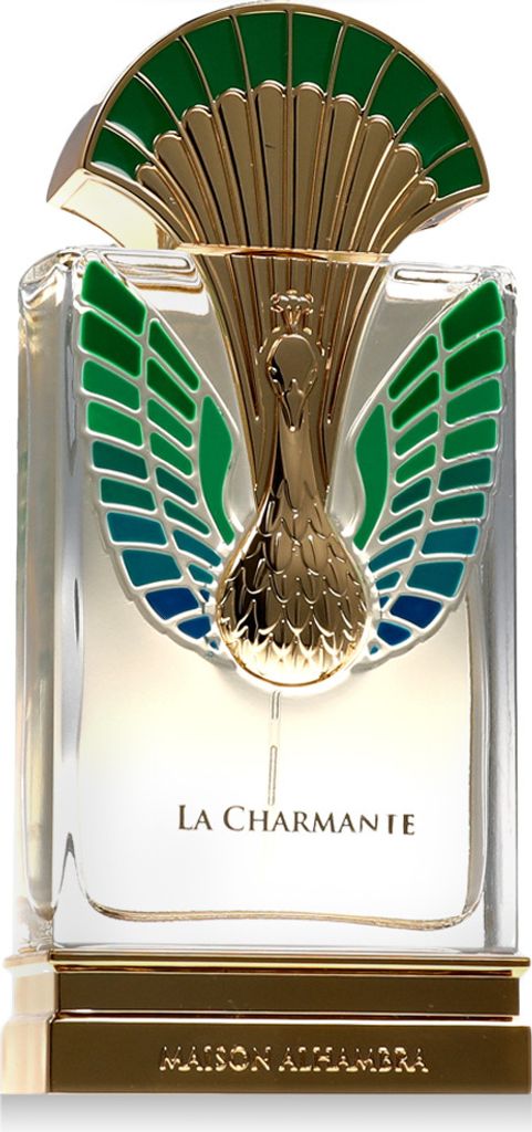 A close-up studio shot of a perfume bottle with ornate gold and colored detailing.