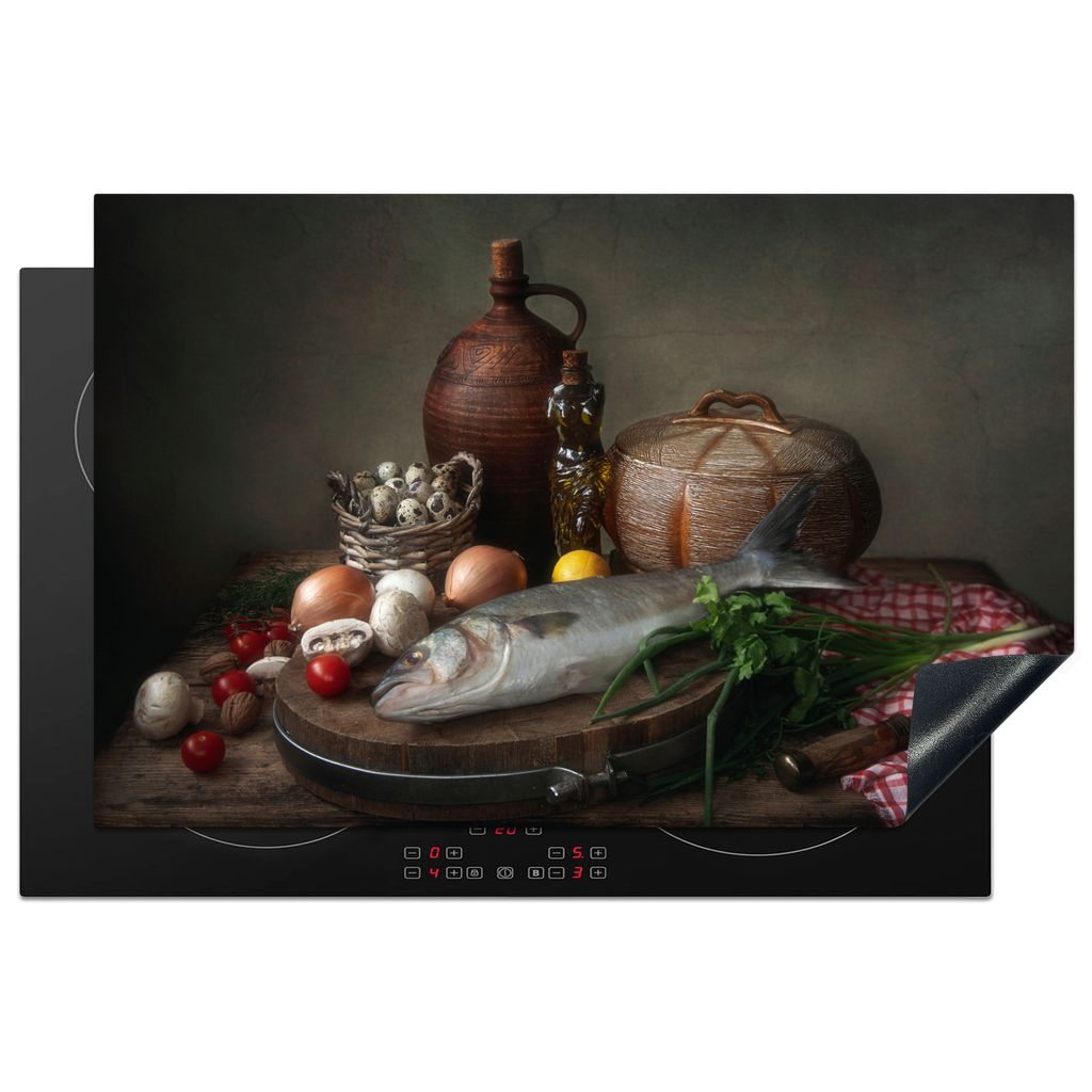 KitchenYeah Herdabdeckplatte Rustikal - Fisch - Stilleben - Gemüse - Kräuter , 80x52cm, Küche Deko, Glaskeramikkochfeld Herdabdeckung, Abdeckp...