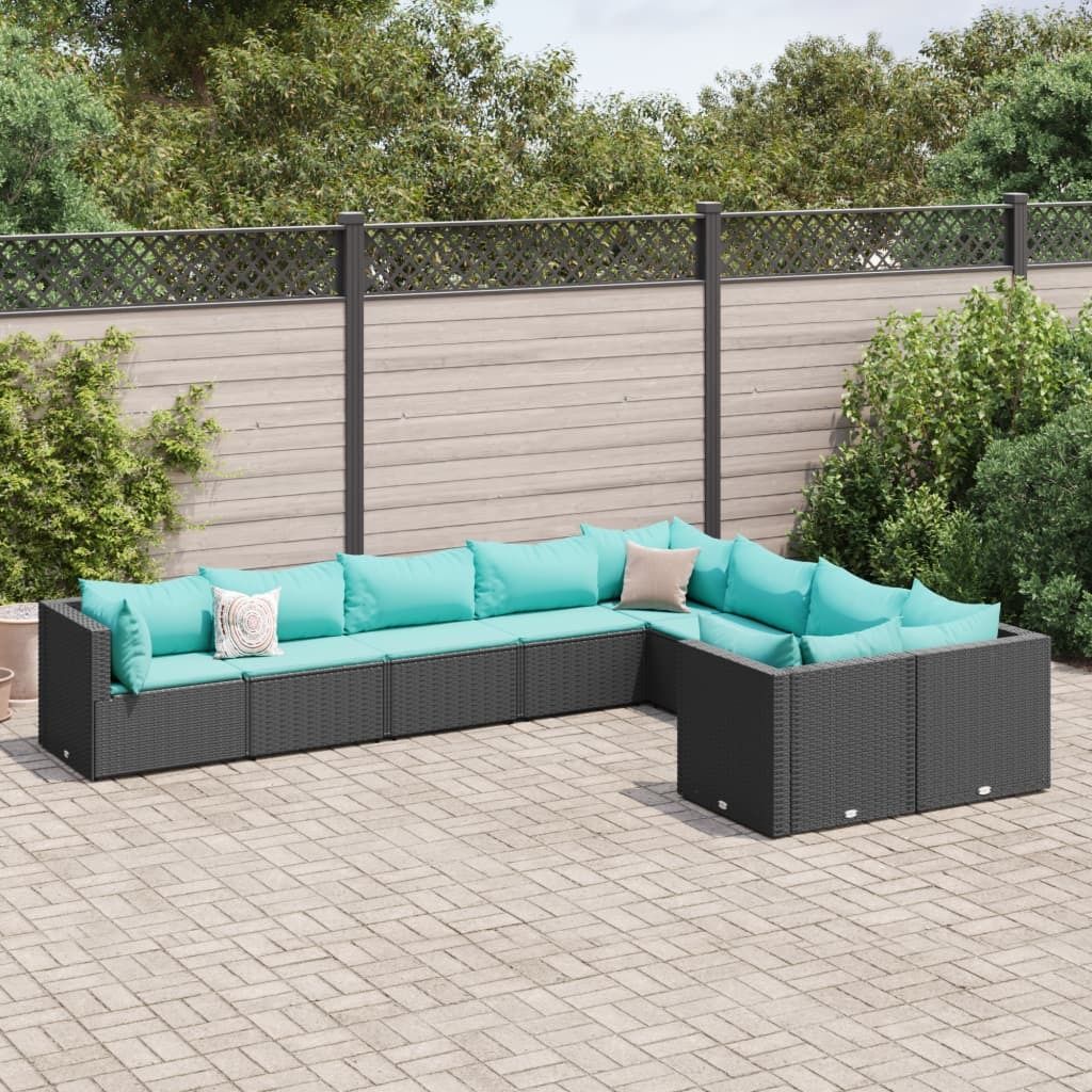 Schlichtes 9-tlg. Terassenmöbel/Garten-Sofagarnitur mit Kissen Schwarz Poly Rattan - Gartenmöbelset DE9242252