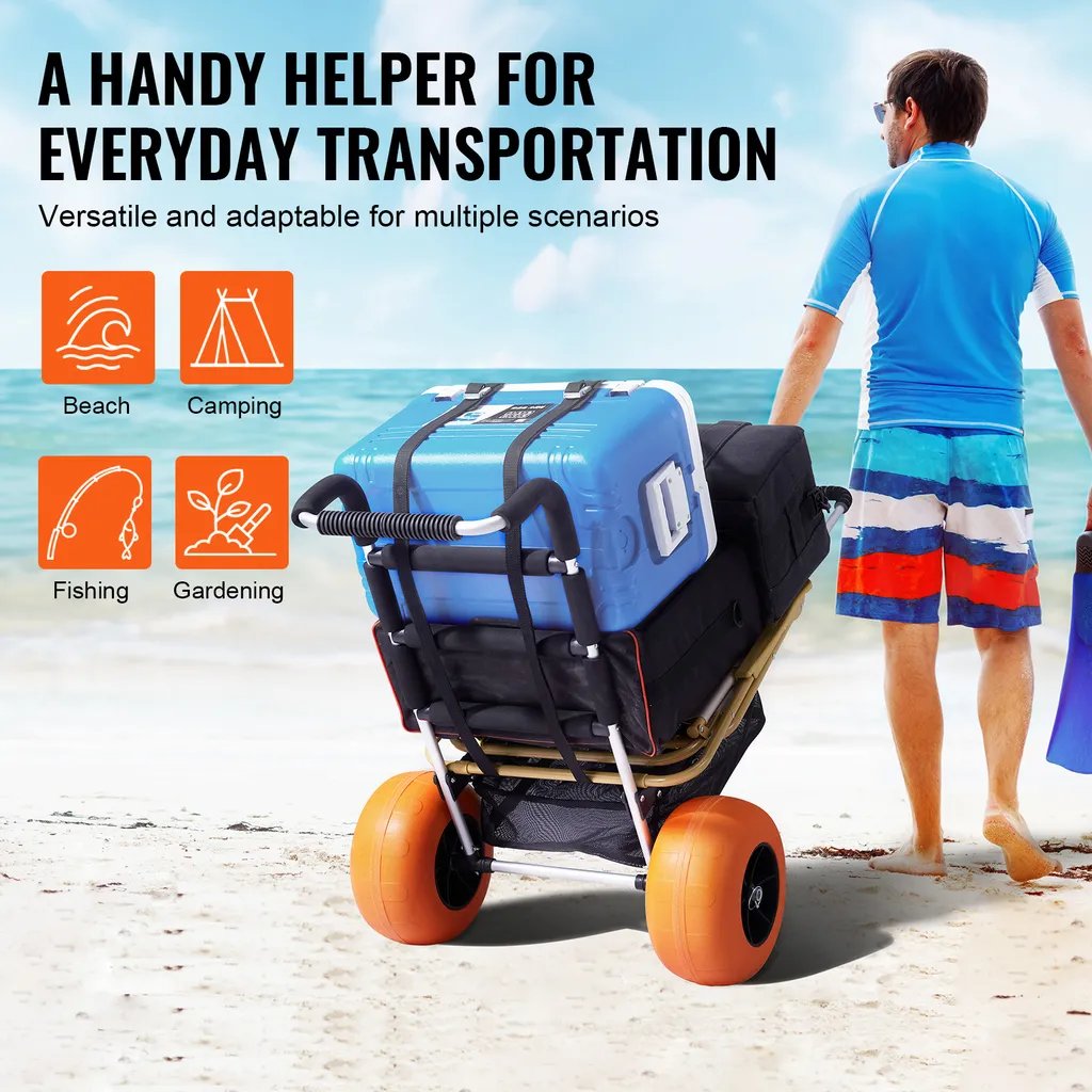 SucceBuy Carrello da spiaggia per sabbia - Area di carico 29,9" x 15,4". Carrello pieghevole per la sabbia con ruote in schiuma da 12", portata di 165 libbre e altezza regolabile da 27" a 44,7". Resistente per le avventure in spiaggia. - 6