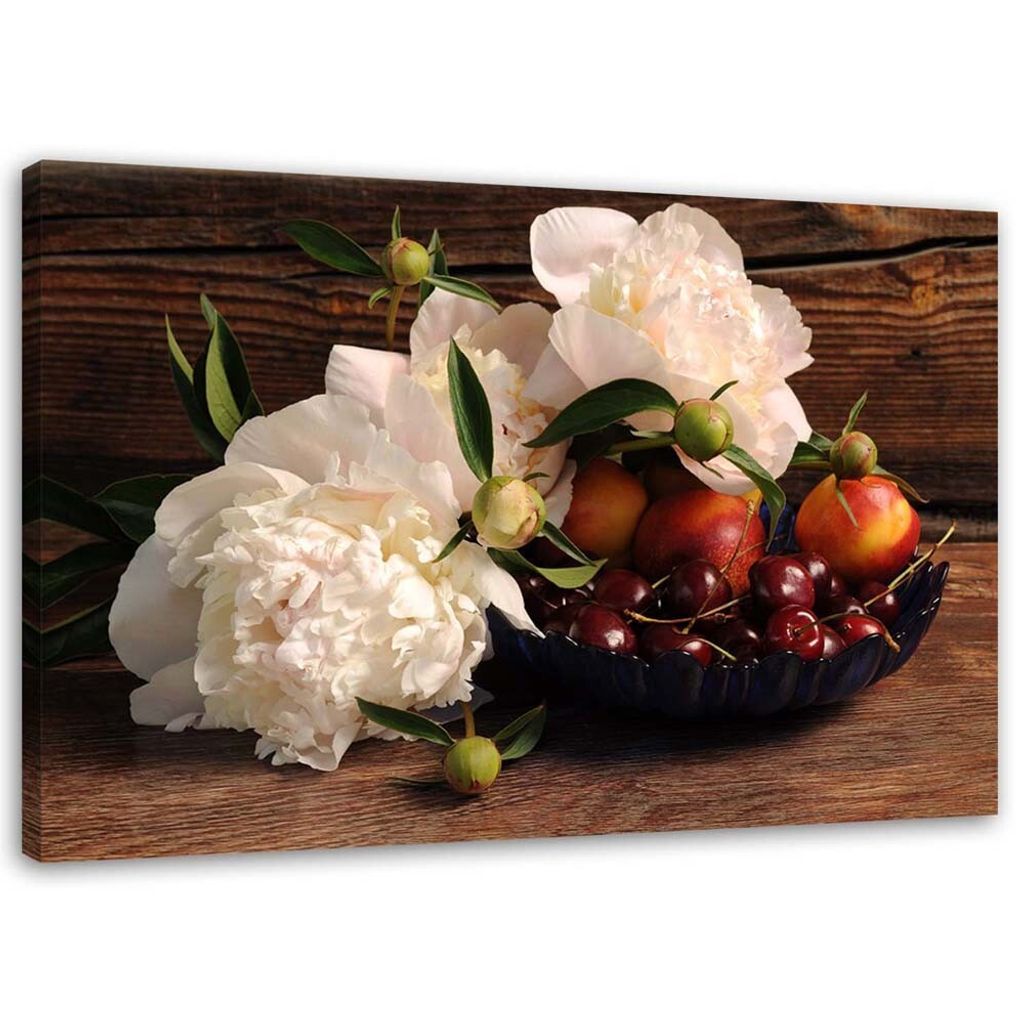 Leinwandbild früchte und weiße blumen 60x40 cm Feeby braun wandbild bereit zum aufhängen