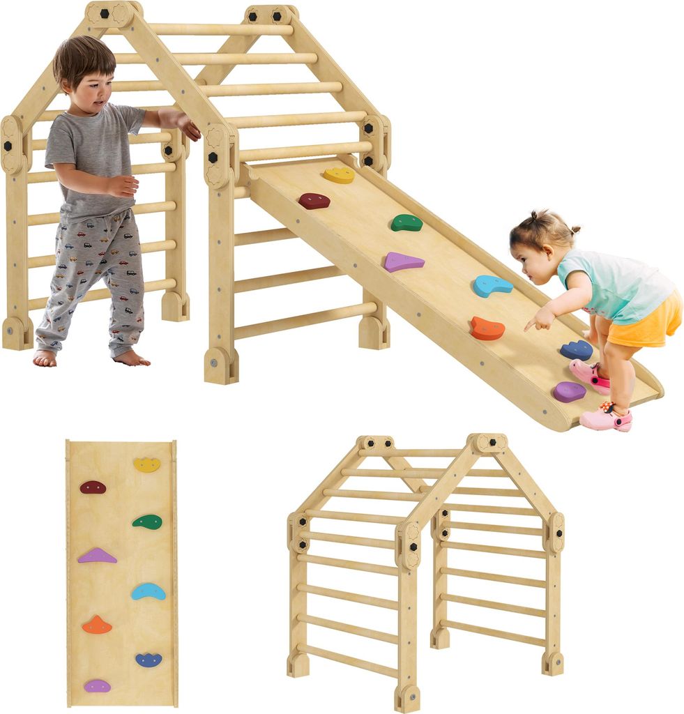 Klettergerüst Kinder Outdoor 3-in-1 faltbar Leiter Rutsche Kletterwand Holz Holz