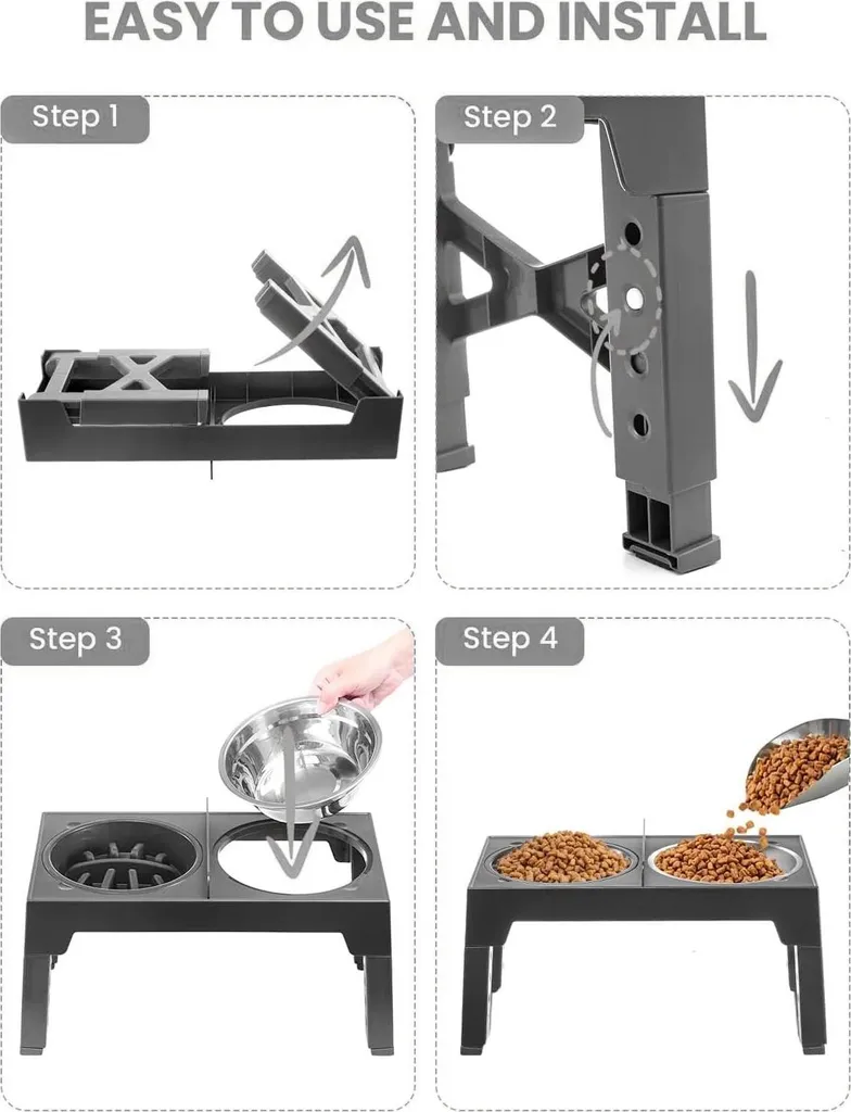 Support de gamelles surélevé Type B réglable en acier inox pour chiens