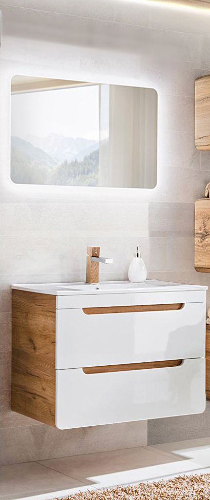 Badezimmermöbel Set Hochglanz weiß, Wotan Eiche Nb. LUTON-56 mit 81 cm Waschtisch & LED-Spiegel, 81/200/46 cm