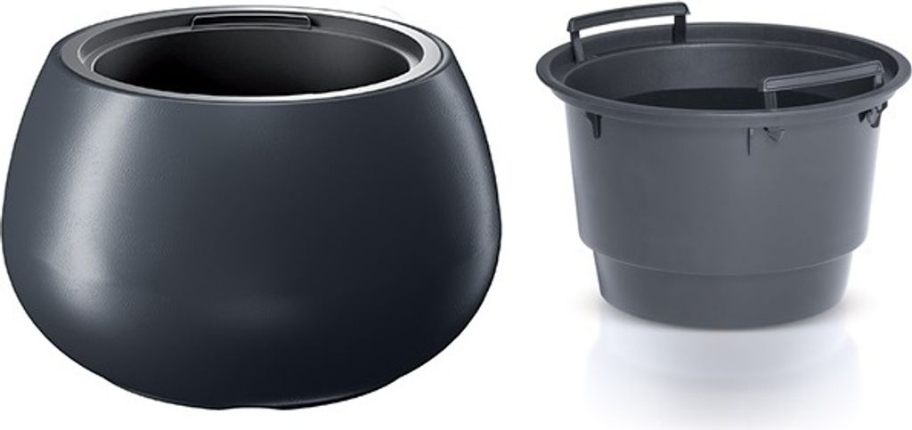 A dark gray planter and a dark gray insert are shown side-by-side against a white background.