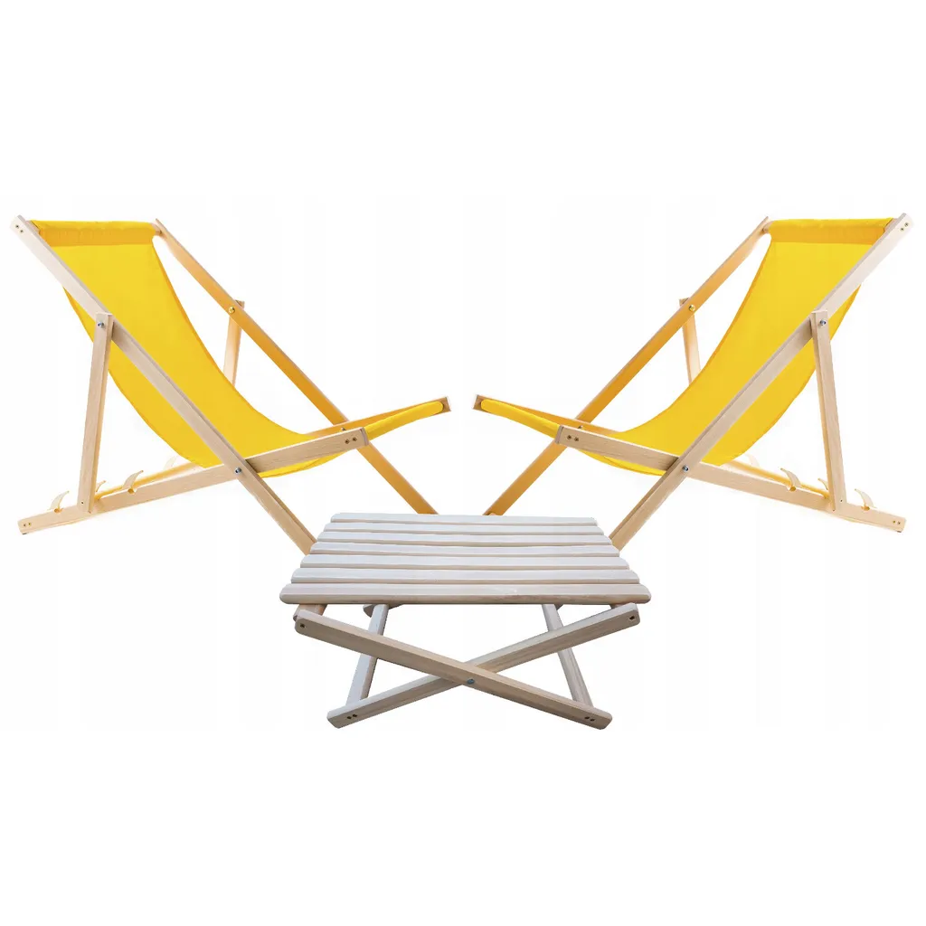 Transat de jardin jaune lot de 2 avec table d'appoint bois naturel - Sun
