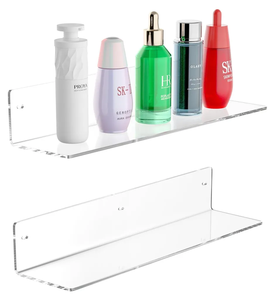 Étagères transparentes 40cm en acrylique robuste pour soins et beauté