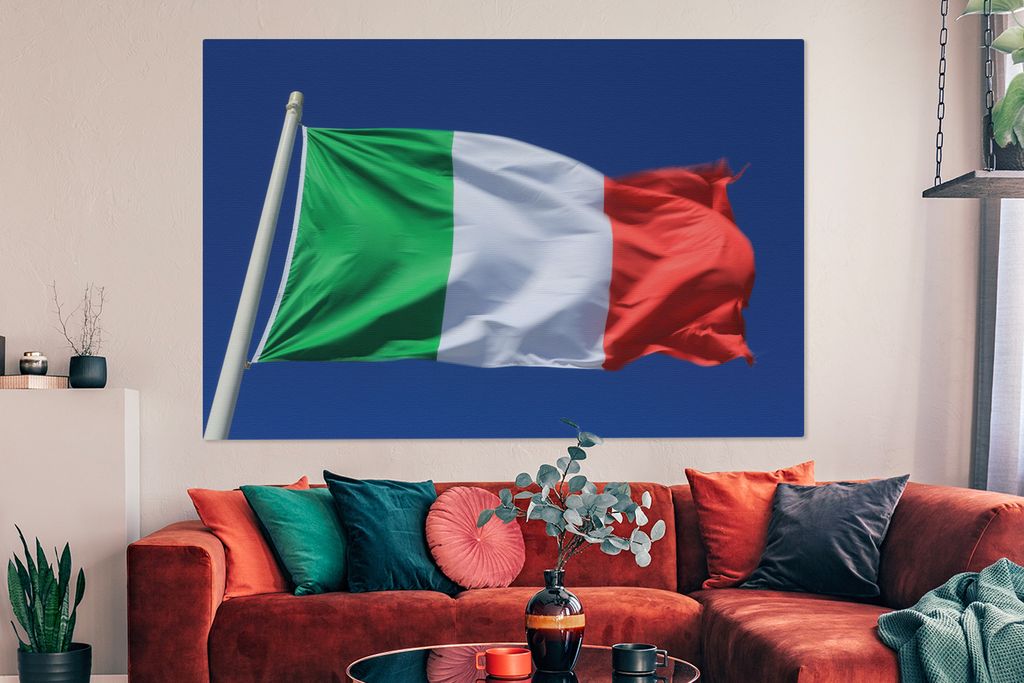 OneMillionCanvasses - Leinwandbilder - 150x100 cm, Die italienische Flagge weht am blauen Himmel, Wandbilder Kunstdruck Wanddekoration
