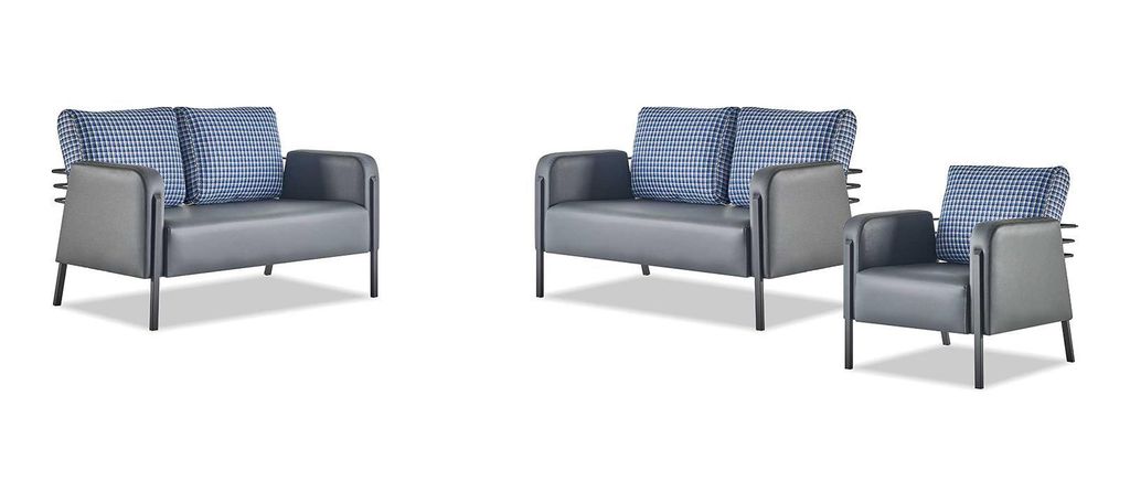 Komplett Ledersofa Set 2-Sitzer Sessel Modern Grau Blau Leder Textil
