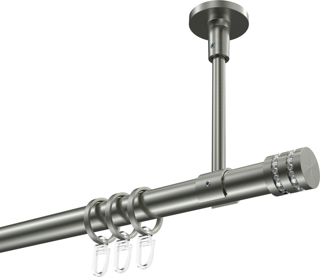 Interdeco Gardinenstange / Vorhangstange Edelstahl-Optik, Typ Sonette Estana (Glitzerkappe) Deckenmontage, 20 mm Ø 1-läufig, 240 cm