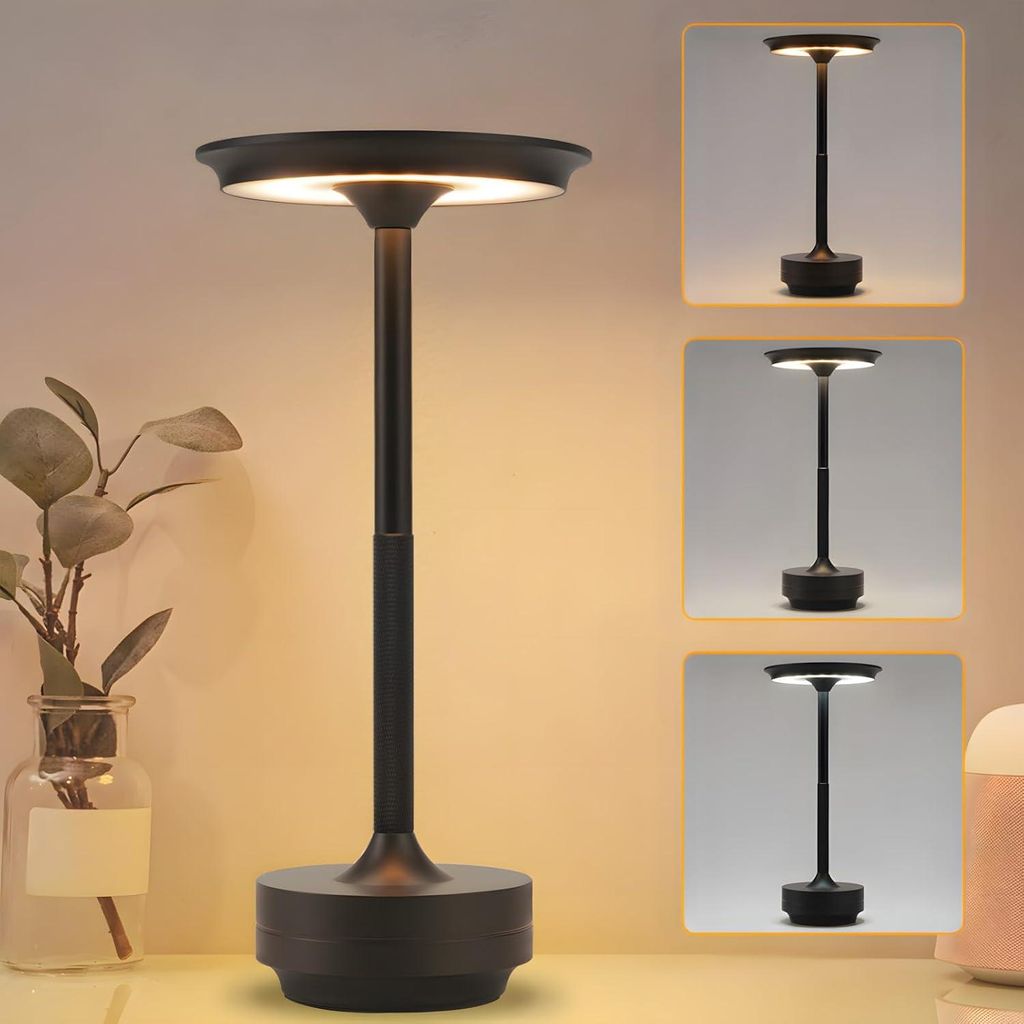 Kabellose Dimmbare LED Akku Tischleuchte Touch Tischlampe Lampe Wohnzimmer Nachttischlampen Dreifarbiges Licht Schwarz