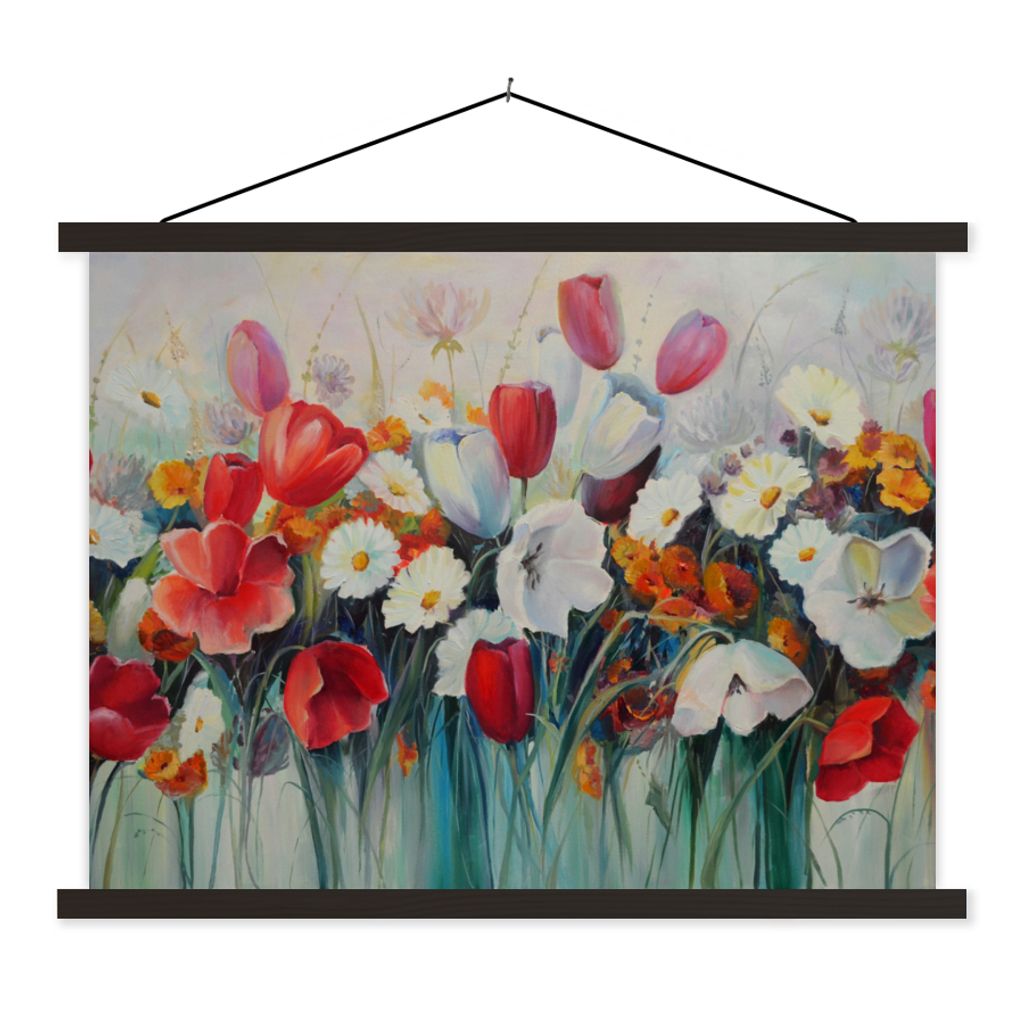 MuchoWow Textilposter Malerei - Ölfarbe - Blumen 150x113 cm mit holzfarbenen Rahmen - Poster