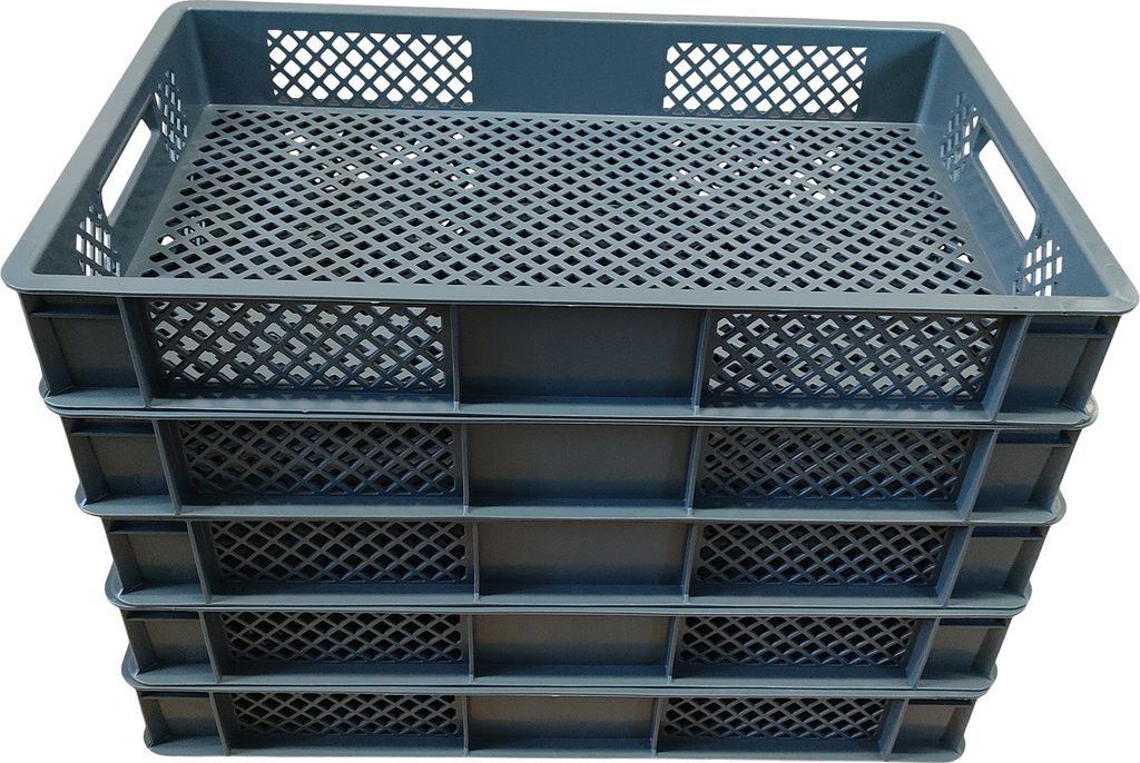 A stack of five gray plastic crates with a grid pattern on the bottom and sides.
