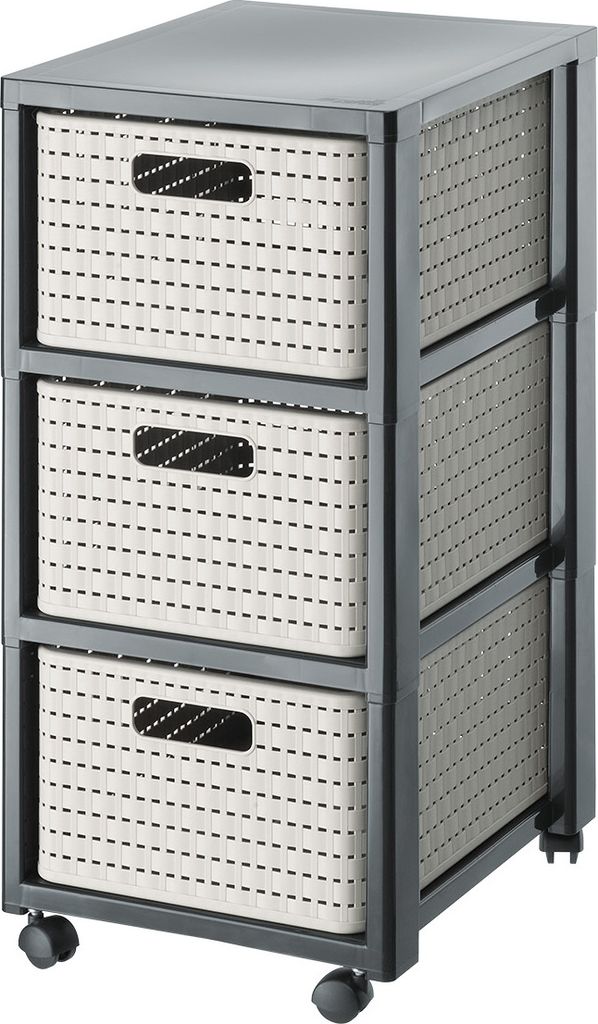 Rotho Rollcontainer Country 3x18L - Schubladenturm 37,5 x 32,5 x 75,0 cm - Bürocontainer mit Rollen - Rollwagen aus Kunststoff - Körbe DIN A4-Format