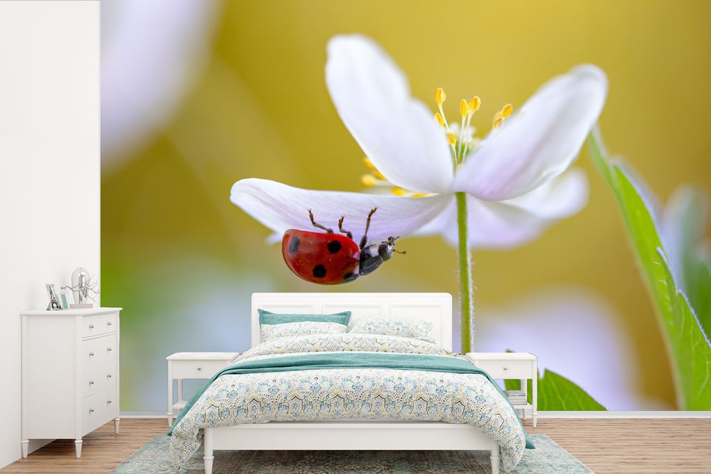 MuchoWow Fototapete für Wohnzimmer oder Schlafzimmer Wandtapete Vinyl Motivtapete Blume - Insekt - Frühling - 450x300 cm - Gemusterte