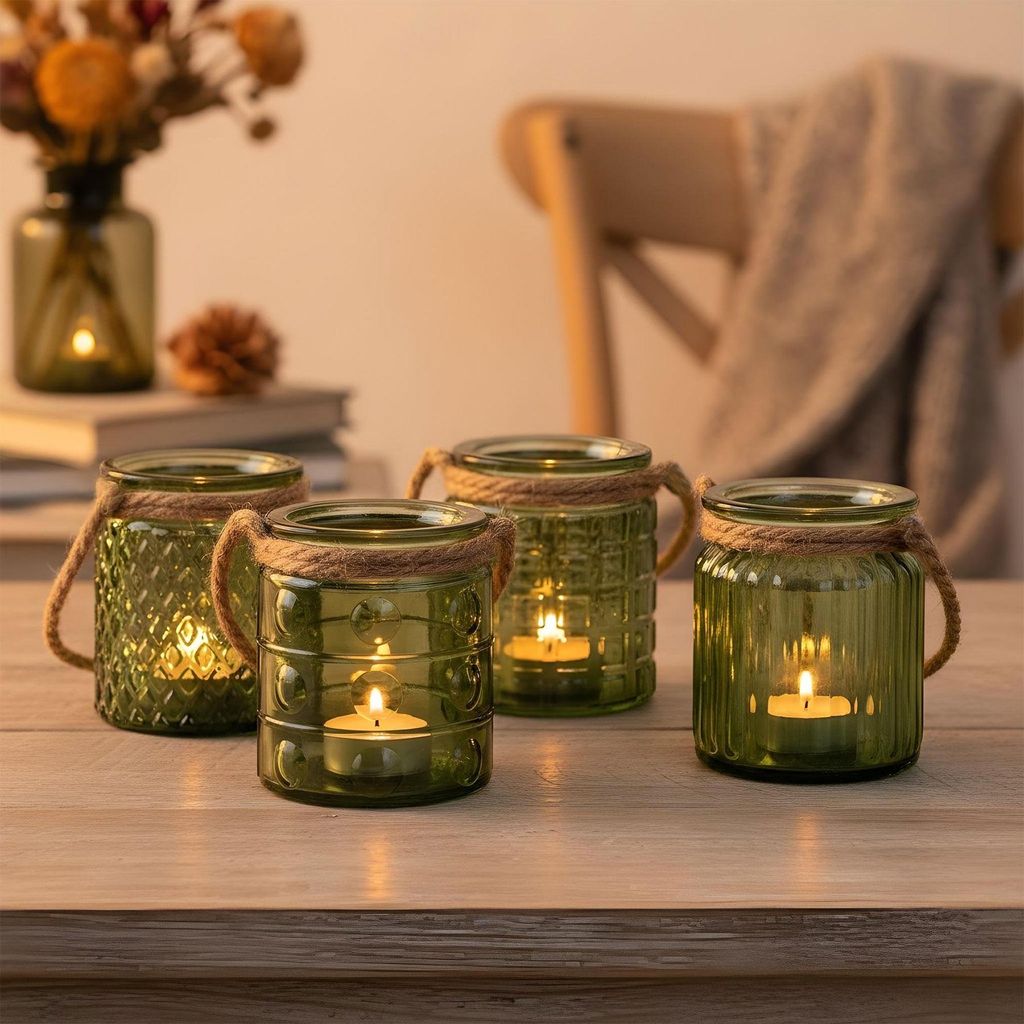 4er Set Windlicht H10cm Glas Grün Khaki Teelichthalter Produktbild 