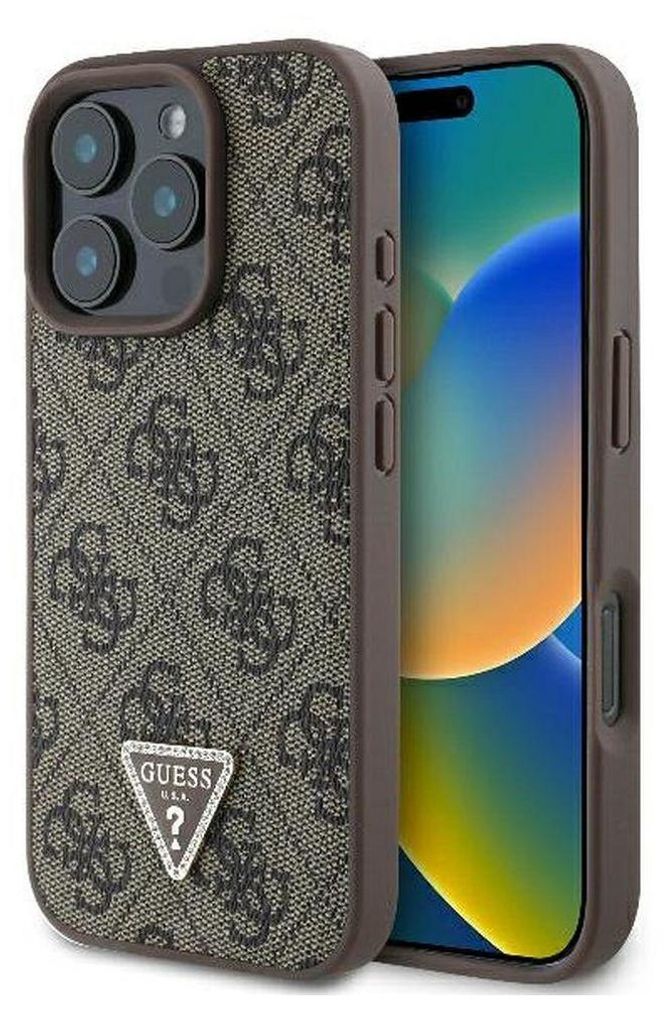 A close-up shot of an iPhone case with a patterned design and a logo.