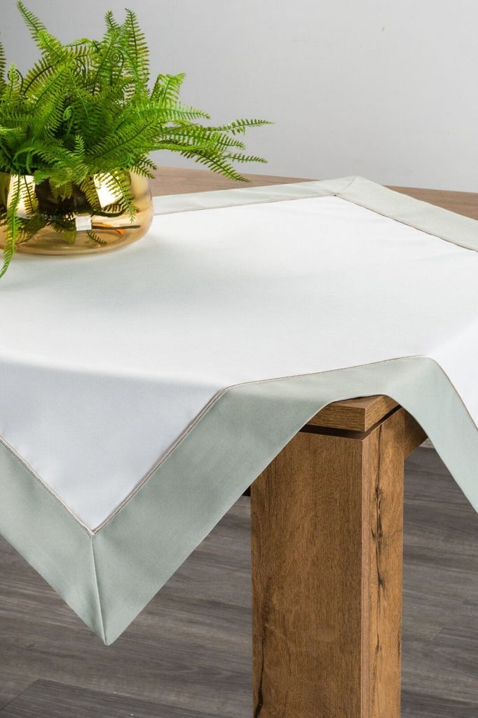 EUROFIRANY | Tischdecke - 85 x 85 cm - weißes Tischtuch – mit olivgrünem Rand