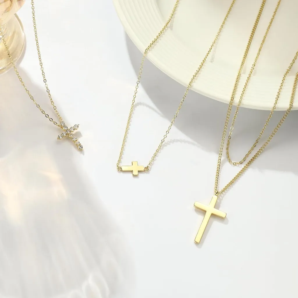 Collier Plaqué Or 14K Double Chaîne Croix EVALICTING Anti-Ternes - 7