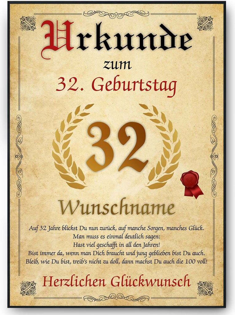 Urkunde zum 32. Geburtstag personalisiertes Geschenk Jahrgang 1993 Geburtstagsurkunde 32 Jahre Geburtstagsgeschenk – DIN A4 + Rahmen schwarz