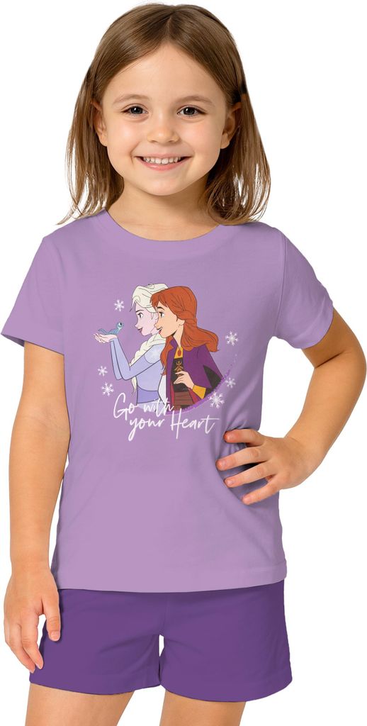 Disney Frozen - Die Eiskönigin Schlafanzug für Mädchen - Kinder Pyjama Set Kurzarm Oberteil mit Hose Lila 134-140