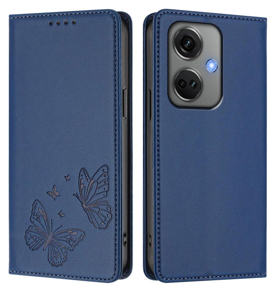 Lederhülle für OnePlus Nord CE3, Schmetterling Prägung Leder Brieftasche Schutzhülle mit Ständer Dunkelblau