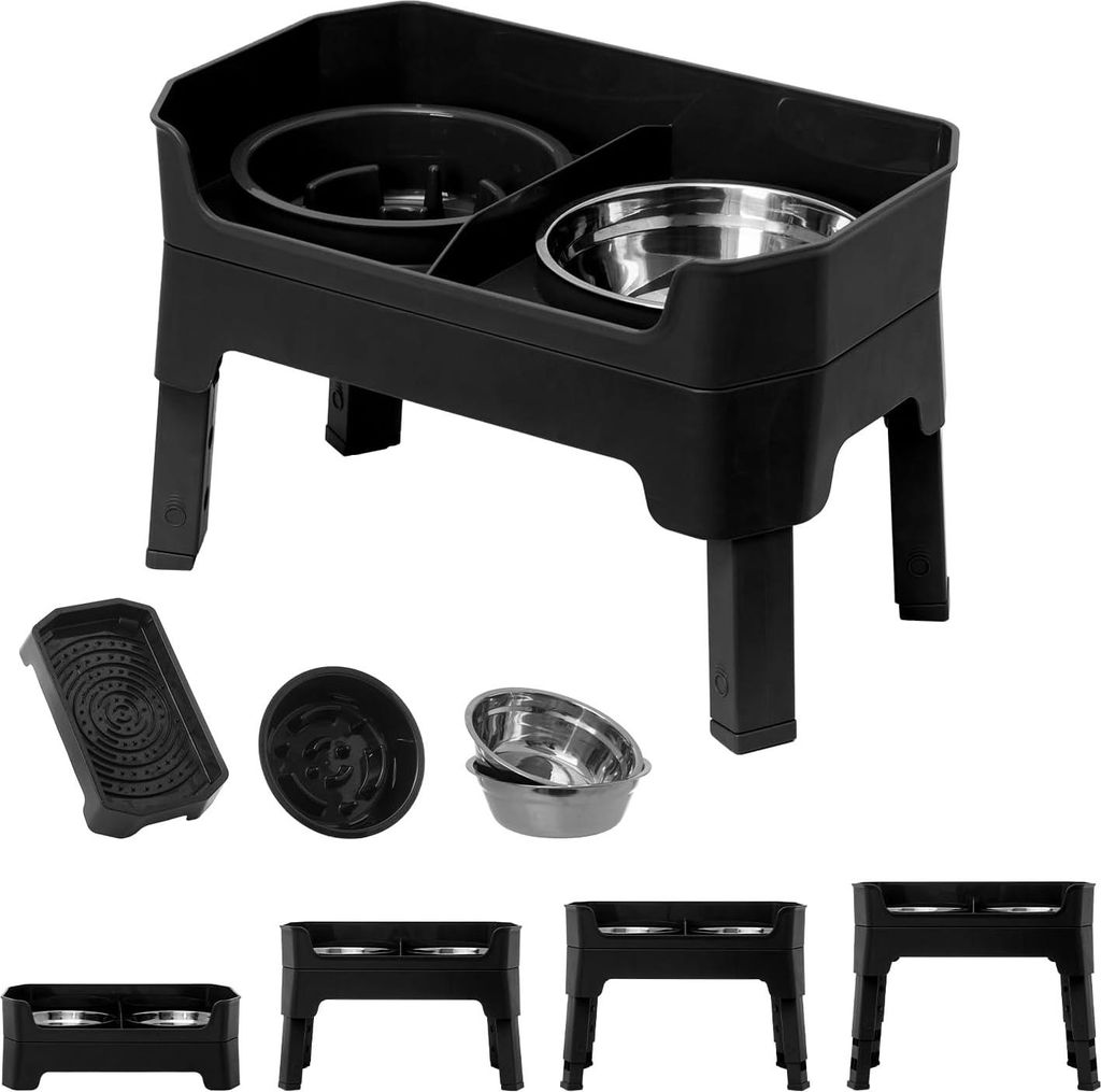 4-in-1 verstellbare Hundenapf erhöht mit 2 rostfreien Schalen und 1 Anti-Sling-Schale, erhöhter Hundenapf in 4 Höhen, rutschfestes Hundenahrungs...