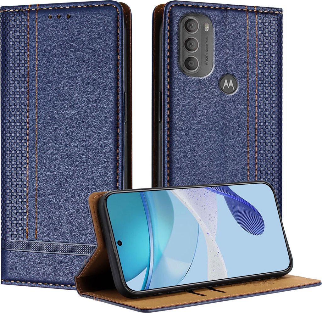 Handyhülle für Motorola Moto G71 5G Leder Flip Klappbare Schutzhülle mit Standfunktion Blau