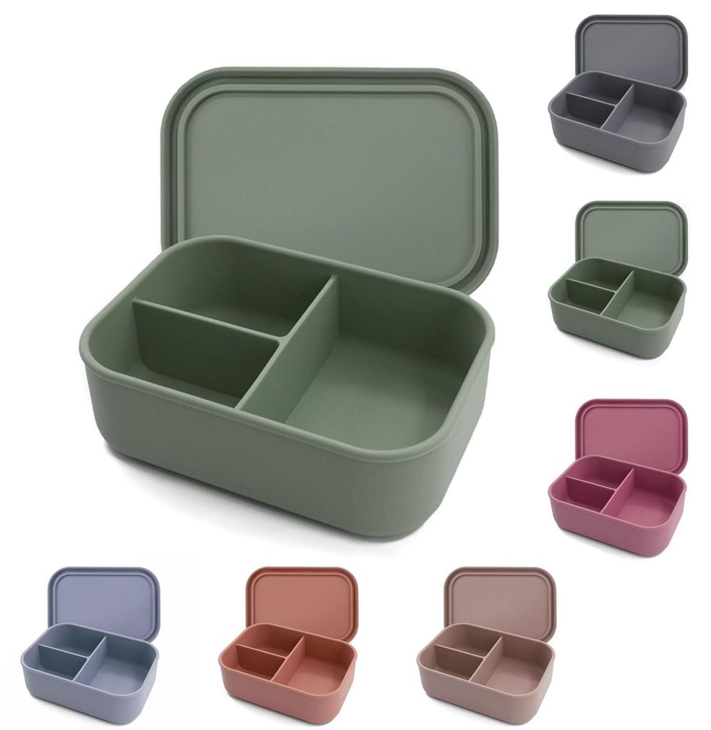 Silikon-Lunchbox mit Fächern, BPA-frei, 1200 ml, auslaufsicher und stoßfest, mikrowellen- und spülmaschinenfest, moderne Farben (grau-grün)