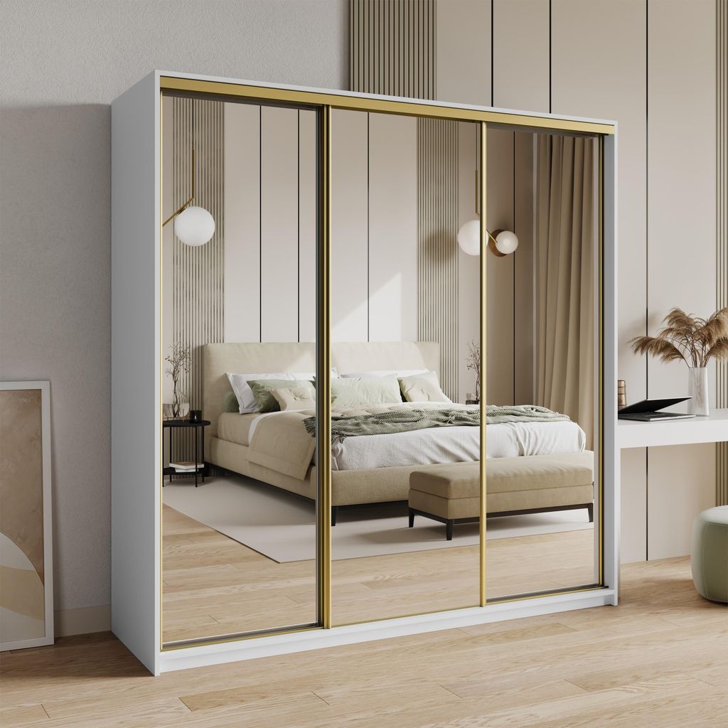 Masseno Schiebetürenschrank RIEN 180/205/60 cm Kleiderschrank mit 4 Schubladen Schlafzimmer Schrank 3-türig mit Spiegel Weiß