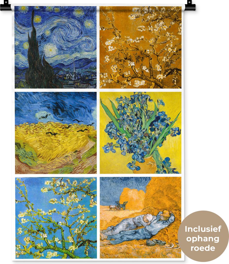 MuchoWow Wandteppich Wandbehang Van Gogh - Collage - Sternennacht 60x90 cm Tapisserie Dekoration Wandtuch - Foto-Teppich - Abwaschbar