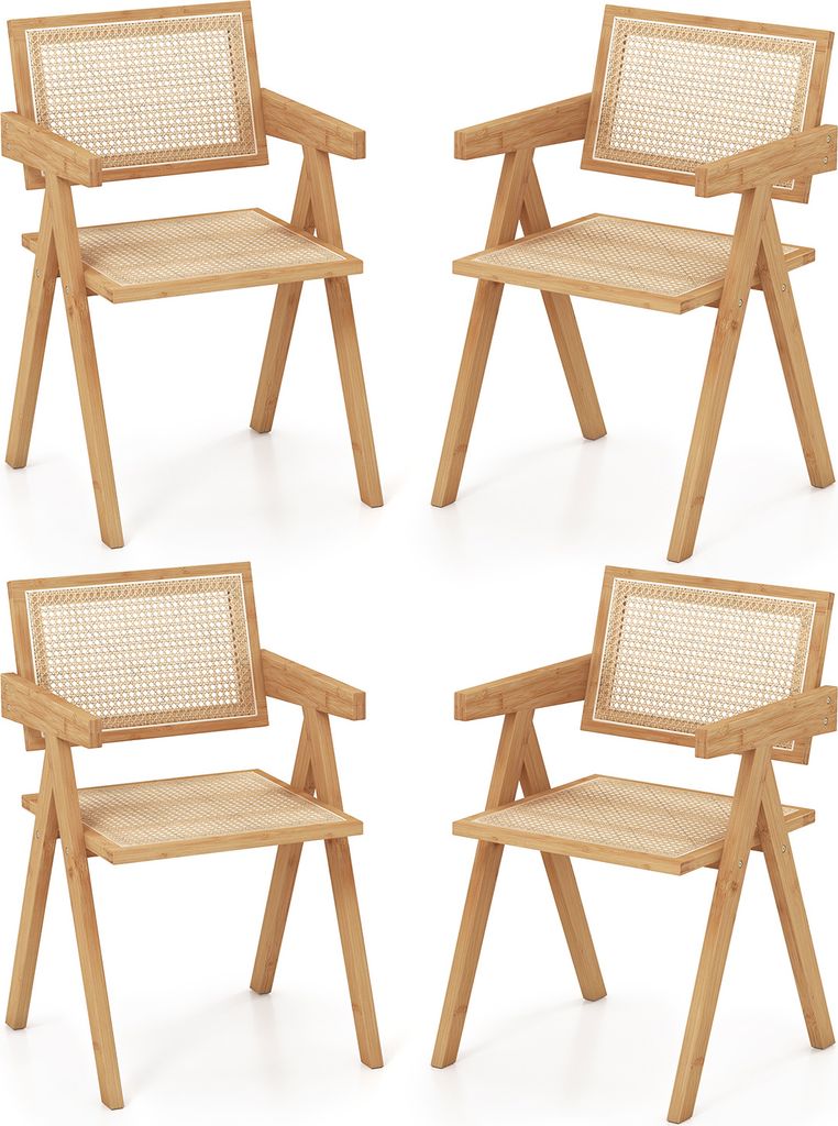 COSTWAY 4er Set Esszimmerstuhl, Küchenstuhl mit Armlehnen & Rückenlehne, Akzentstuhl aus Bambus im Rattan, Sitzhöhe 45 cm & belastbar bis 150 kg...