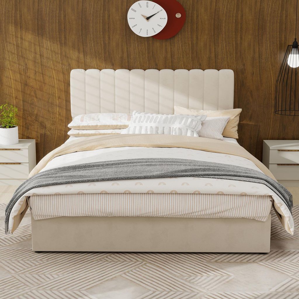 Zerbaco Polsterbett 140x200 cm, modernes, minimalistisches Bett mit weichem Kopfteil, High-Profile-Stauraum mit Gaslift, Beige, Ohne Matratze
