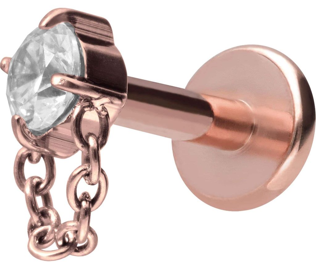 Ohrpiercing, Nasenpiercing Titan Labret mit Innengewinde KRISTALL + KETTE RoséGold Stablänge: 7mm | Stabstärke: 1,2mm