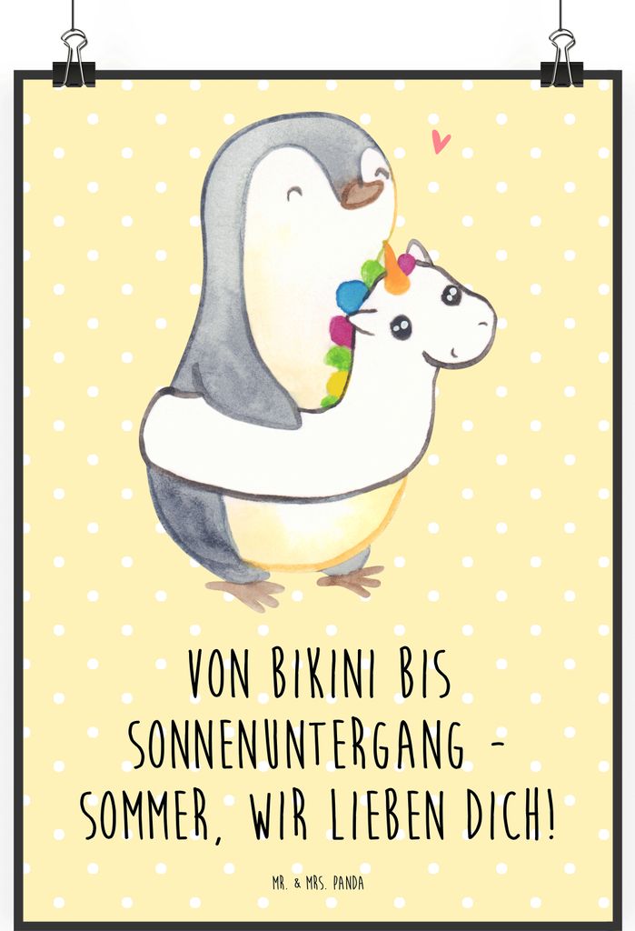 Mr. & Mrs. Panda Bild Sommer Meer Strand DIN A2 - Gelb Pastell - Geschenk, Inspiration, wanddeko, Kunstdruck, drucke, Motive, Strandurlaub, Emotion...