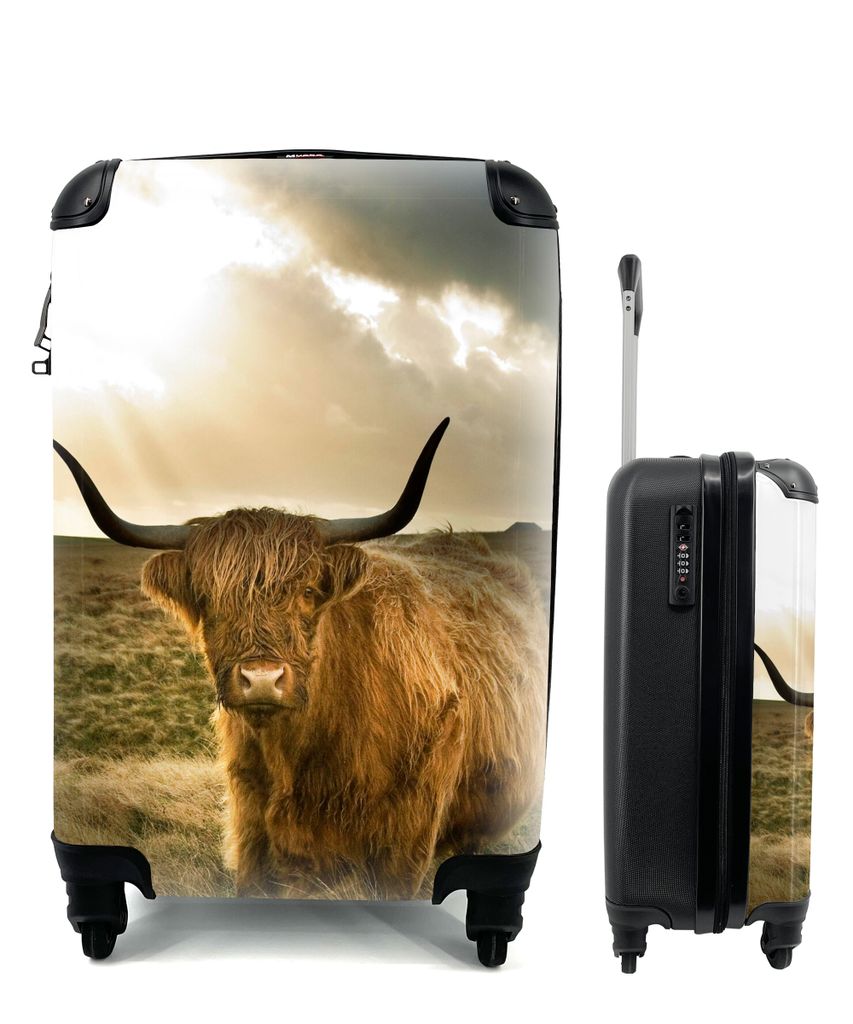 MuchoWow Koffer Handgepäck Trolley Rollkoffer Kleine Reisekoffer mit 4 Rollen - Schottischer Hochländer - Sonne - Tiere - Cabin Size < 55x40x23...