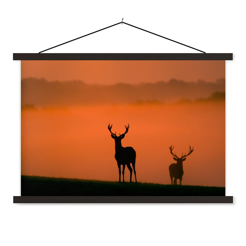 MuchoWow Textilposter Hirsch - Scherenschnitt - Nebel 150x100 cm mit schwarzem Rahmen - Schlafzimmer
