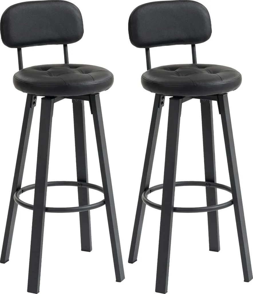 Lot de 2 tabourets de bar pivotants en similicuir noir avec repose-pieds