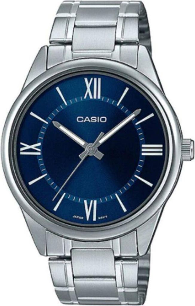 A close-up studio shot of a Casio watch with a blue dial and silver metal band.