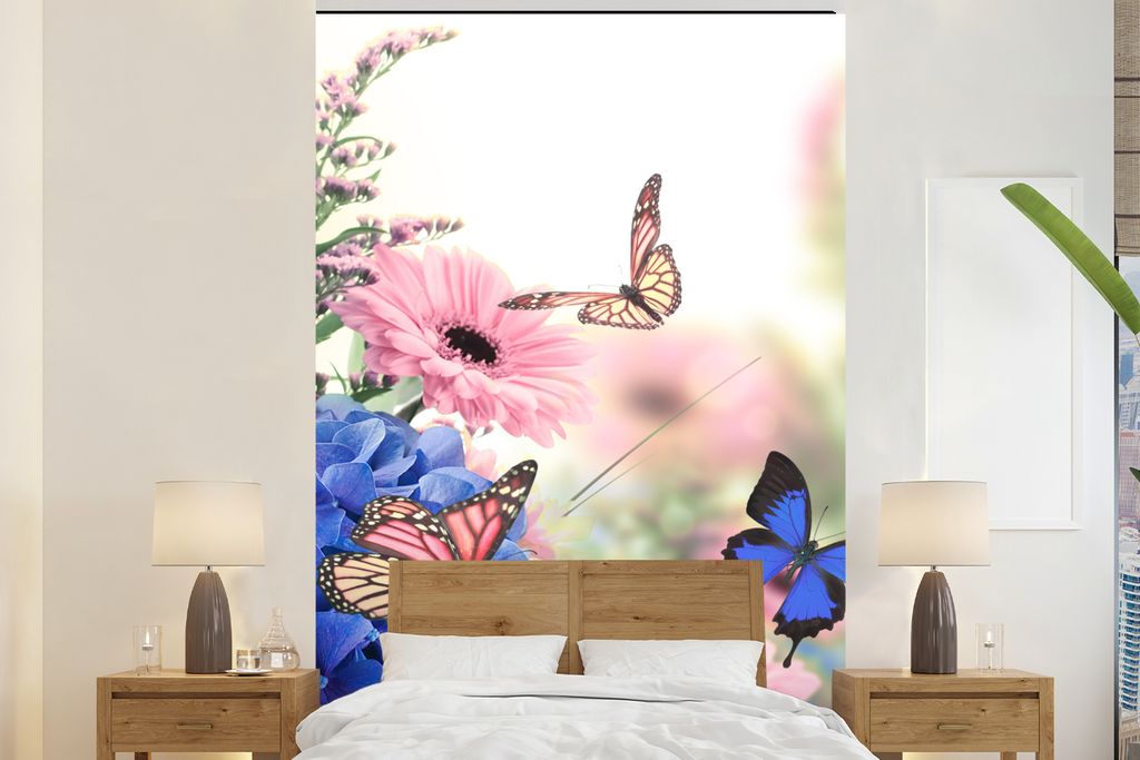 MuchoWow Fototapete für Wohnzimmer oder Schlafzimmer Wandtapete Vinyl Motivtapete Schmetterlinge - Blumen - Hortensien - Insekten - 155x240 cm -...