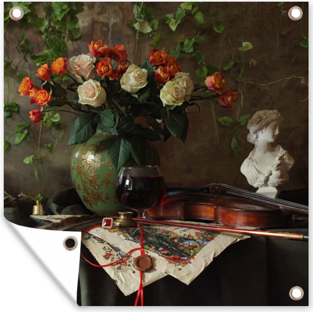 MuchoWow 100x100 cm Outdoor-Poster Gartendeko Sichtschutz Garten Poster für den Garten Stilleben - Rosen - Geige