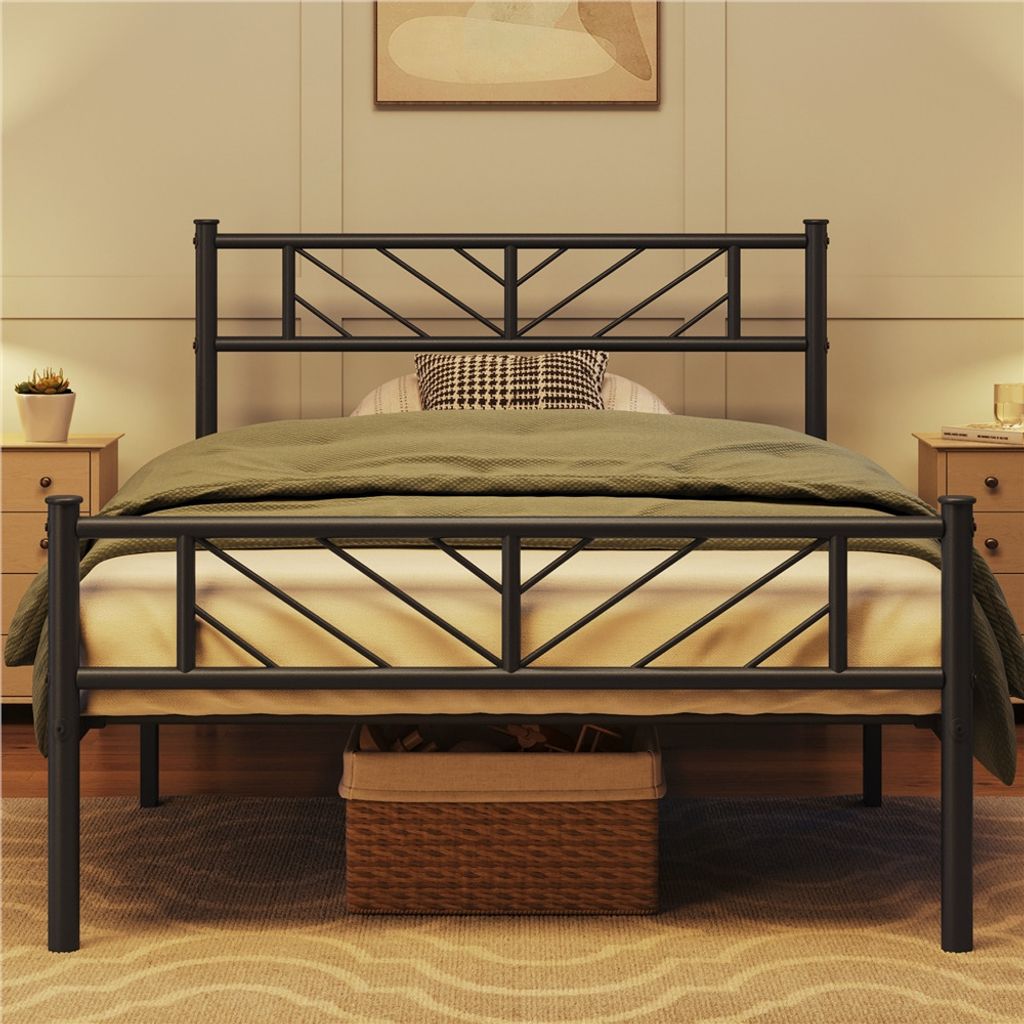 Yaheetech Metallbett 90x190 Cm – Schlichtes Design, Hoher Kopfteil, Mit Lattenrost, Stauraum Darunter