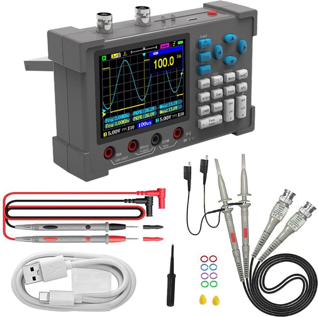 3-in-1 Handheld-Oszilloskop - Signalgenerator & Multimeter - Zweikanal - 120 MHz Bandbreite - 250 MSa/s Abtastrate - Batterie Enthalten - Schwarz