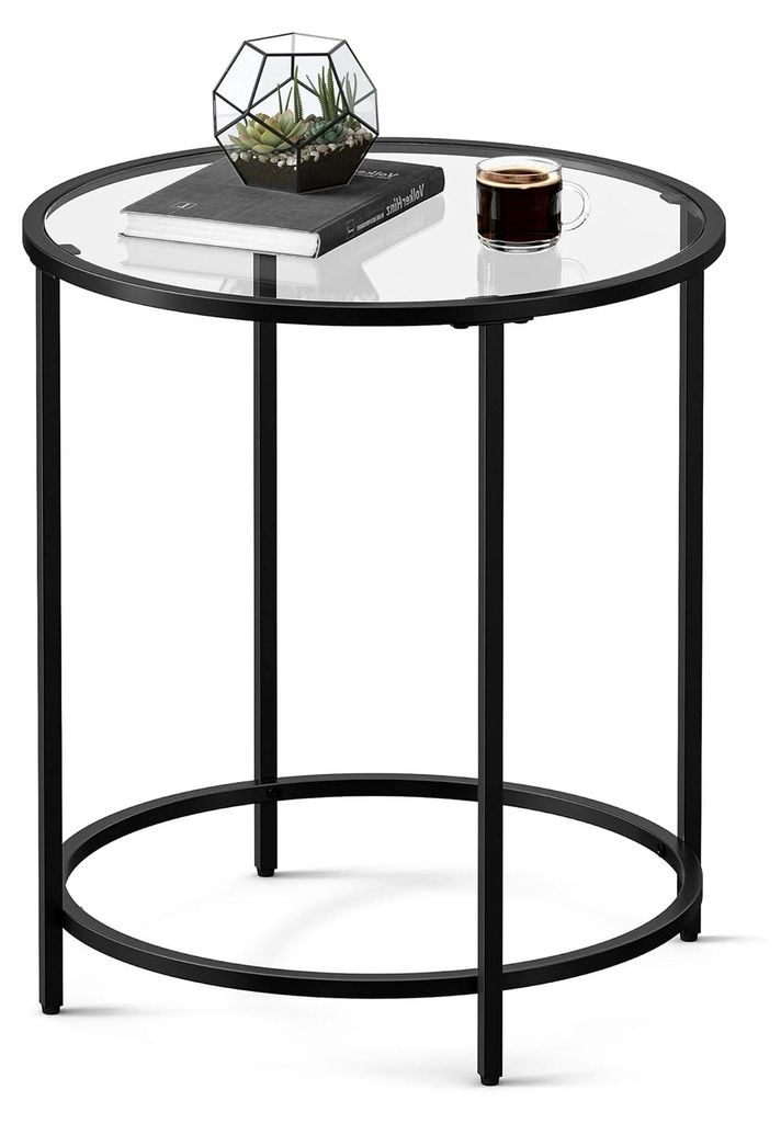 Runder Beistelltisch, Platte aus gehärtetem Glas, Metallrahmen, Sofa-Tisch, Konsolentisch, Nachttisch, für Wohnzimmer und Balkon, Schwarz und Tra...