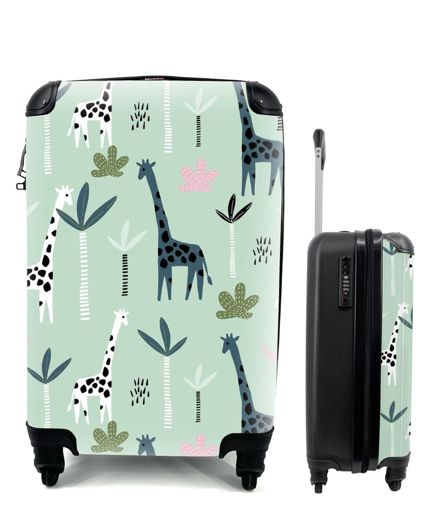 MuchoWow Koffer Handgepäck Trolley Rollkoffer Kleine Reisekoffer mit 4 Rollen - Giraffe - Baum - Grün - Cabin Size < 55x40x23 cm & 55x40x20 cm ...