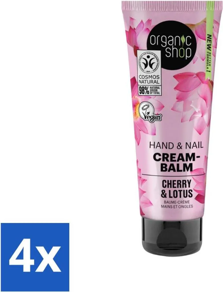 Organic Shop - Crema mani e unghie - Ciliegia e loto - Nutriente e idratante - 75 ml - Value pack - 4 pezzi