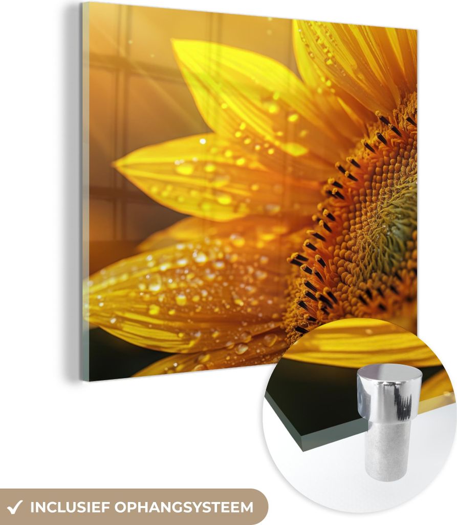 MuchoWow Glasbilder - Bilder auf Wandbild - Foto auf Glas Sonnenblume - Tautropfen - Gelb - Sonnenlicht 40x40 cm Wanddekoration aus Glas - Acrylgla...