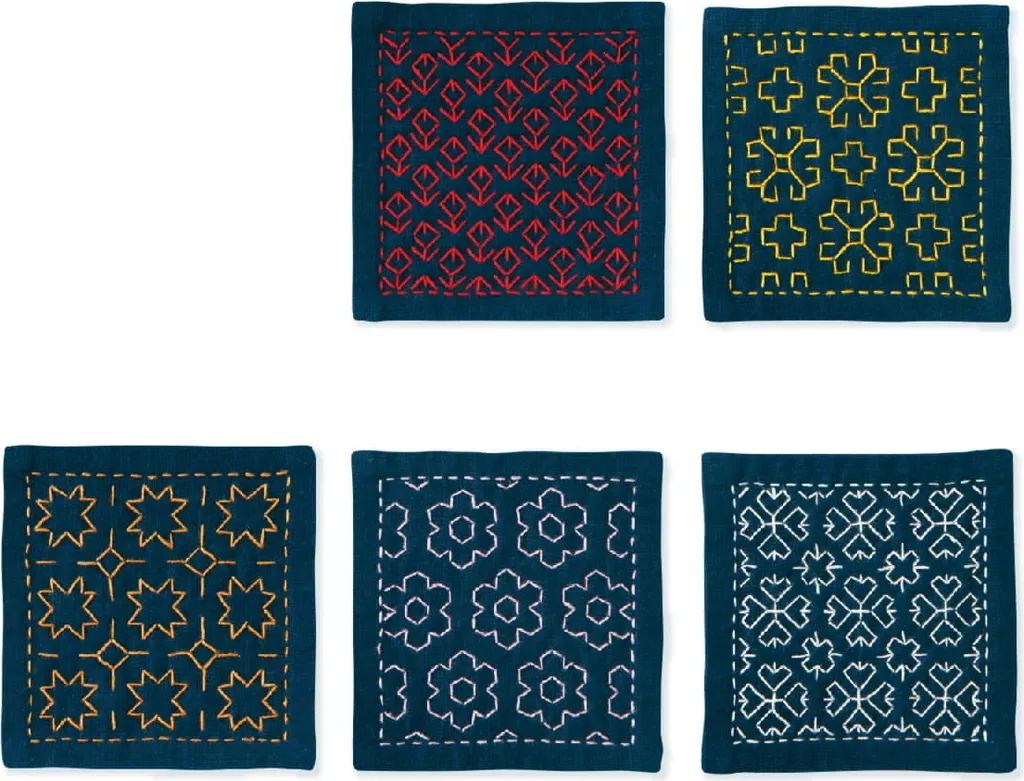 Kit Sashiko Japonais Olympus avec Tissu Imprimé 5 Dessous de Verre 10cm