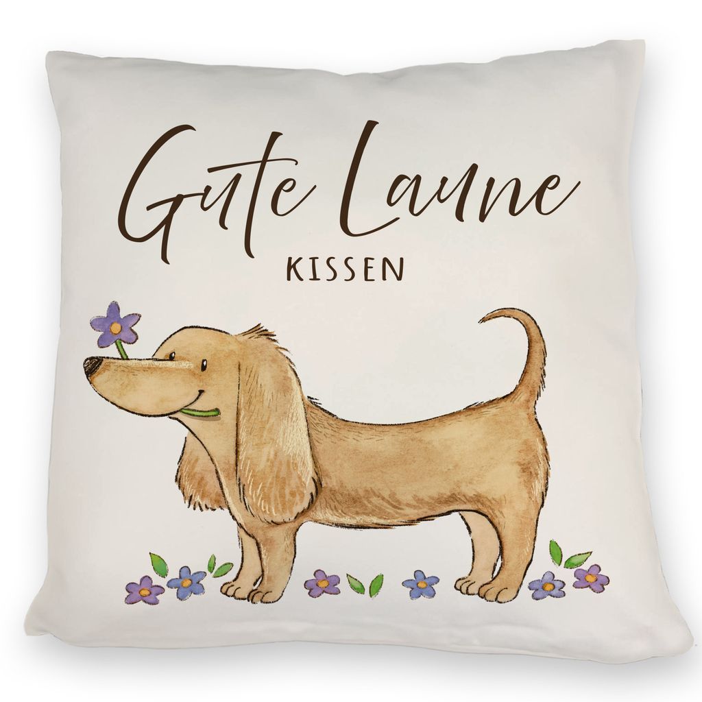 Dackel mit Blume Kissen mit Spruch Gute Laune Kissen Produktbild 