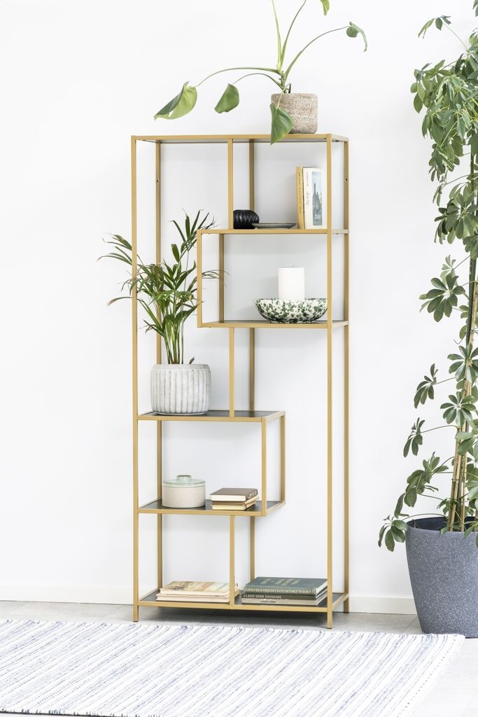 Standregal >Seaford< in schwarz, gold, MDF, Stahl - 77x185x35cm (BxHxT)